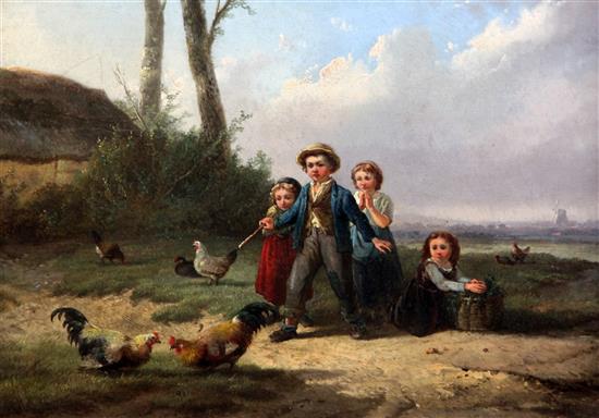 Robert Favelle (French, 1820-1886) Children dancing and chasing chickens, 9.5 x 13.75in.